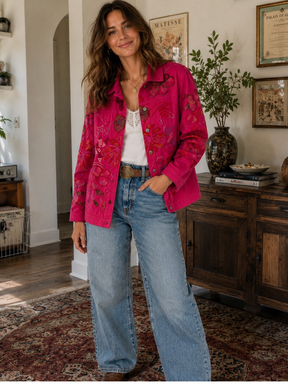 Laura Ashley Embroidered Beaded Floral Jacket Hot Pink Size XL